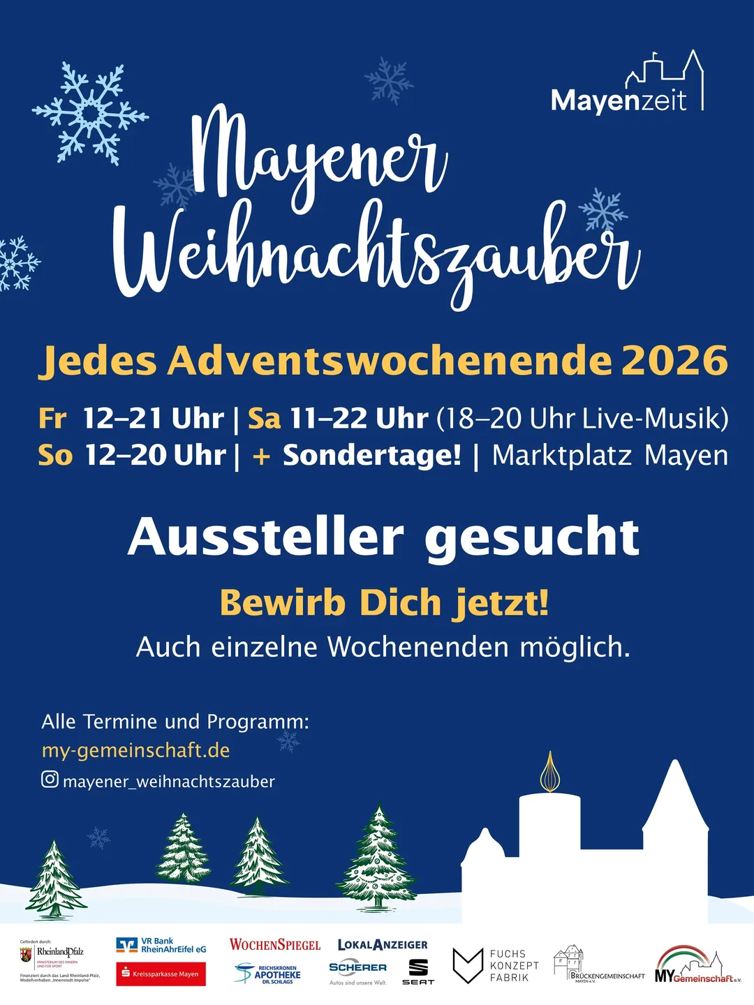 Aussteller gesucht – Mayener Weihnachtszauber 2026, jedes Adventswochenende, Marktplatz Mayen. Bewirb Dich jetzt! Auch einzelne Wochenenden möglich.